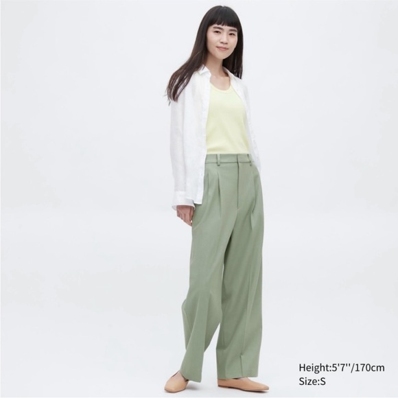 Uniqlo Light Green Pleated Wide Pants Trousers Dress Pants - Picture 2 of 6